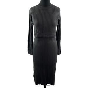 Madresstyle Gray Midi Dress Cotton Knit Rib Crew Neck Long Sleeve Size L Large